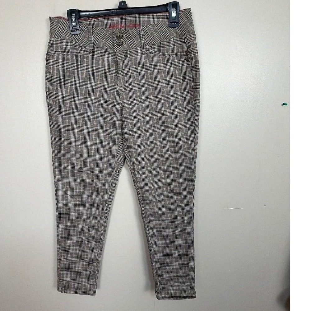 Sabrina Lauren Womens Plaid Trousers Brown Gray Glen Check Slim Fit Pants
